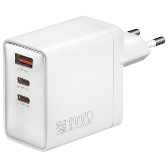 4Smarts Ladegerät ohne Kabel GaN mit USB-A Anschluss und 2 USB-C Anschlüsse 100W Stromlieferung Weißs (Pocket)