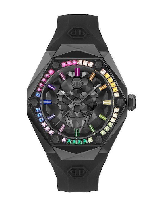 Philipp Plein Skull Ανδρικό Ρολόι Μπαταρίας με Μαύρο Καουτσούκ Λουράκι