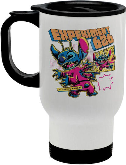 Koupakoupa Stitch Experiment 626 Glass Thermos Stainless Steel 450ml White with Handle and Straw