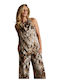 Serina Damen Bluse Leder Ärmellos Drapierung Tierdruck Brown