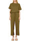 Damen Hoch tailliert Stoff Hose mit Gummizug Olive