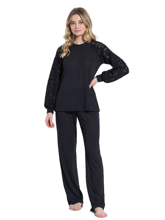 Jeannette Lingerie Χειμερινό Γυναικείο Σετ Πιτζάμας Black