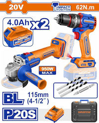 Wadfow WCK20273E Set Angle Wheel & Impact Drill Driver Brushless 20V with 2 Batteries 4Ah and Case Wadfow WCK20273E Set Angle Wheel & Impact Drill Driver Brushless 20V with 2 Batteries 4Ah and Case