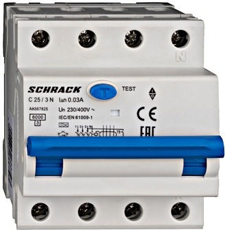Intreruptor Diferential Rcbo 3p+n 25a 30ma 6ka Curba C Tip A Amparo Ak667825 Schrack