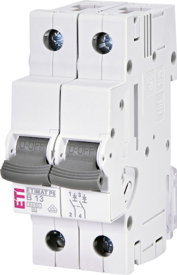 Автоматичен прекъсвач MCB 2P 13A 6kA Крива B Etimat P6 001900209 Eti