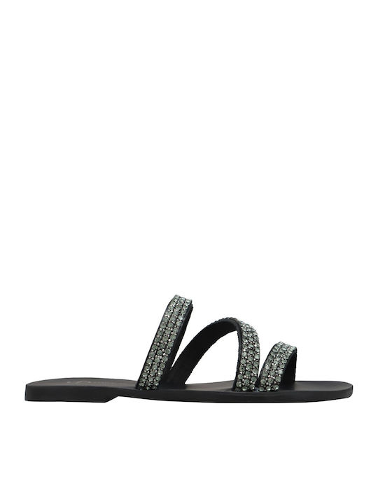 Leather Women's Flat Sandals in Black Color