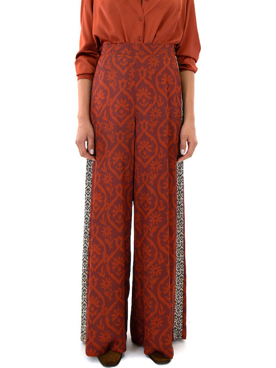 Moutaki Women's Fabric Palazzo Pants with Elastic Ecru, Bordeaux, Orange