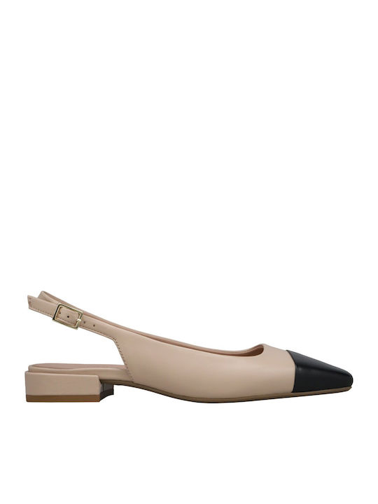 Δερμάτινες Γυναικείες Μπαλαρίνες Slingback με Λουράκι σε Μπεζ Χρώμα