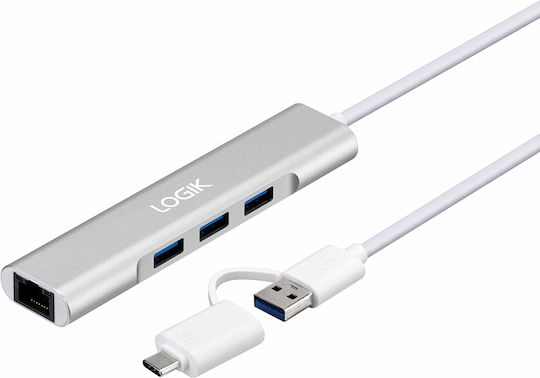 LOGIK Hub 3 Anschlüsse mit USB-A / Ethernet Verbindung Silber