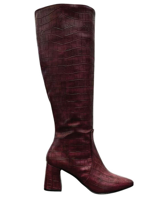 Leather Medium Heel Women's Boots Burgundy