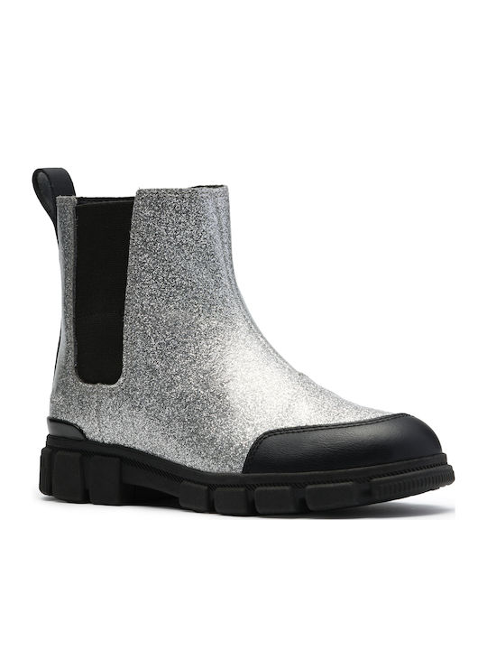 Evyn Chelsea Leather Kids Boots with Zipper Silver