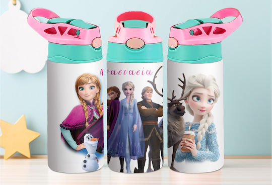 Lid Kids Water Bottle Thermos Frozen Stainless Steel with Straw Pink 360ml