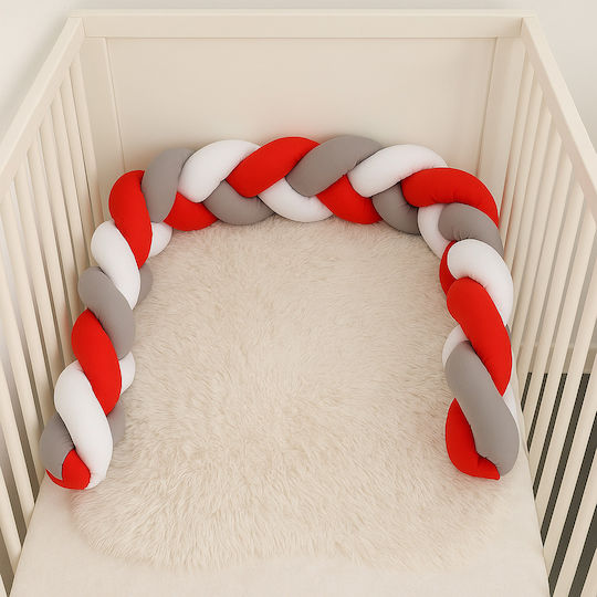 Crib Bumpers Braided Inside White, Gray, Red