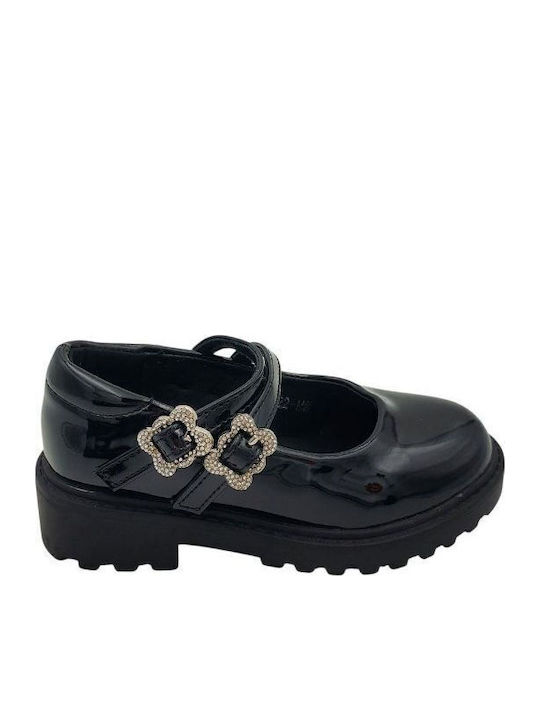 Kids Patent Leather Ballerinas with Hoop & Loop Closure Black