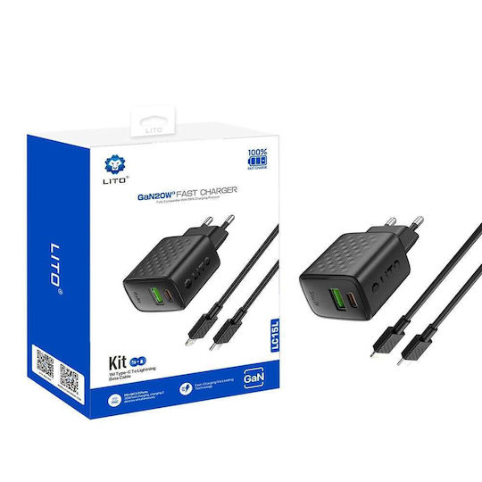 Lito Charger GaN with USB-A Port and USB-C Port and Cable USB-C - Lightning 20W Power Delivery Blacks (LC15)