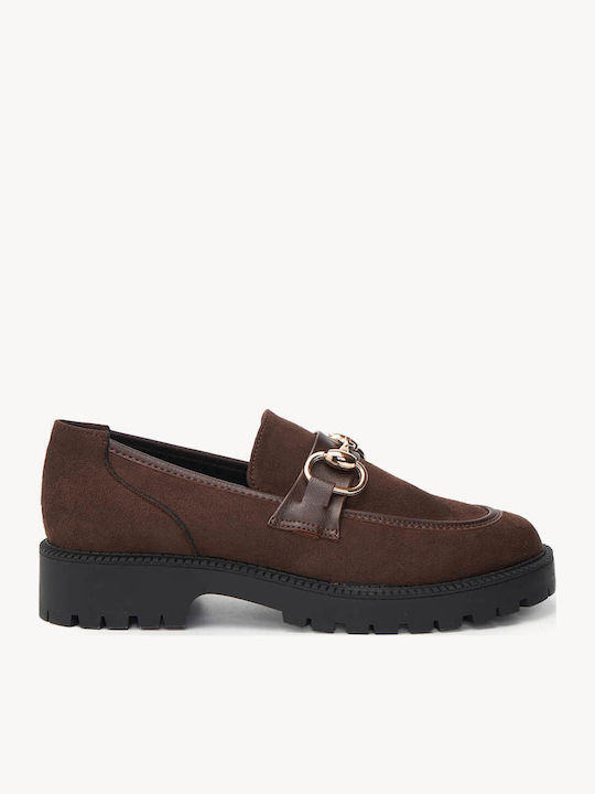 Καφέ Σουέτ Loafers Χρυσή Μεταλλική Λεπτομέρεια