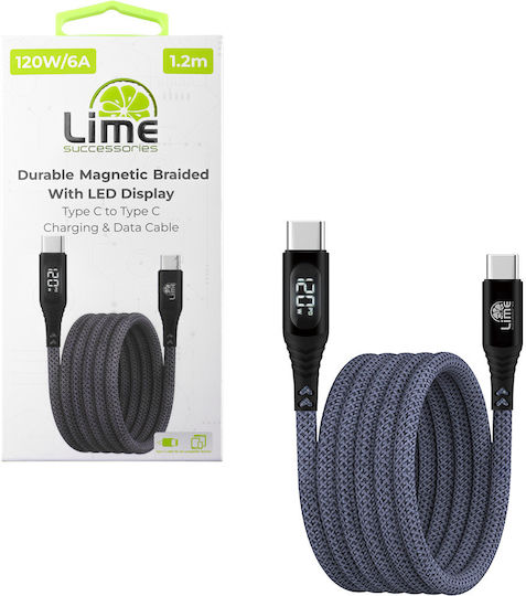Lime Magnetic Braided LED USB 2.0 Cable USB-C Male - USB-C 120W PD Green 1.2m