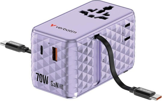 Verbatim Charger GaN with USB-A Port and USB-C Port and Cable USB-C 70W Power Delivery / Quick Charge 4+ Purple (Charge 'n' Travel)
