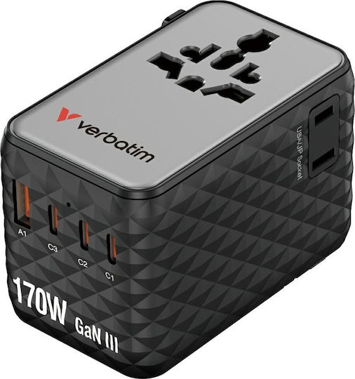 Verbatim Charger Without Cable GaN with USB-A Port and 3 USB-C Ports 170W Power Delivery Black (Charge 'n' Travel)