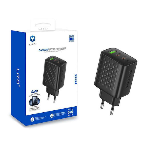 Lito Charger Without Cable GaN with USB-A Port and 2 USB-C Ports 65W Power Delivery Blacks (LC25)