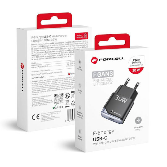 Forcell Φορτιστής Χωρίς Καλώδιο GaN με Θύρα USB-C 30W Power Delivery / Quick Charge 4.0 Μαύρος (F-Energy Ultra Slim)