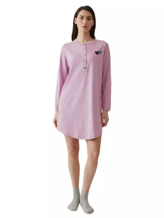 Minerva Зимна Памучна Дамска Нощна Риза Mauve Mist