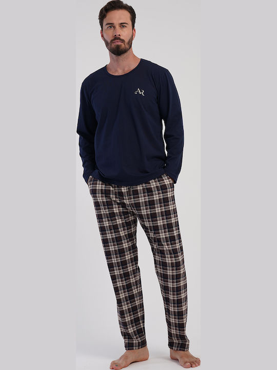 Vienetta Secret Men's Winter Checked Pajamas Set Blue Marine