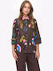 Long Sleeve Women's Corduroy Shirt Black Coffee Floral