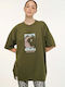 Moon Γυναικείο Oversized Crop T-shirt Ριγέ Olive