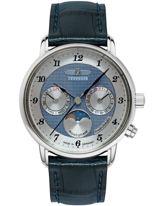Zeppelin Mens Ανδρικό Ρολόι 35mm Μπαταρίας με Γαλάζιο Δερμάτινο Λουράκι