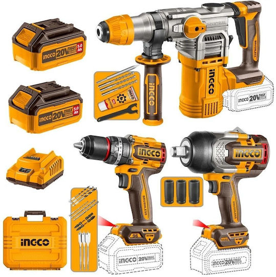 Ingco COSLI250281E Σετ Δραπανοκατσάβιδο, Κατσαβίδι & Κρουστικό Δραπανοκατσάβιδο Brushless 20V με Μπαταρίες 5Ah και Θήκη