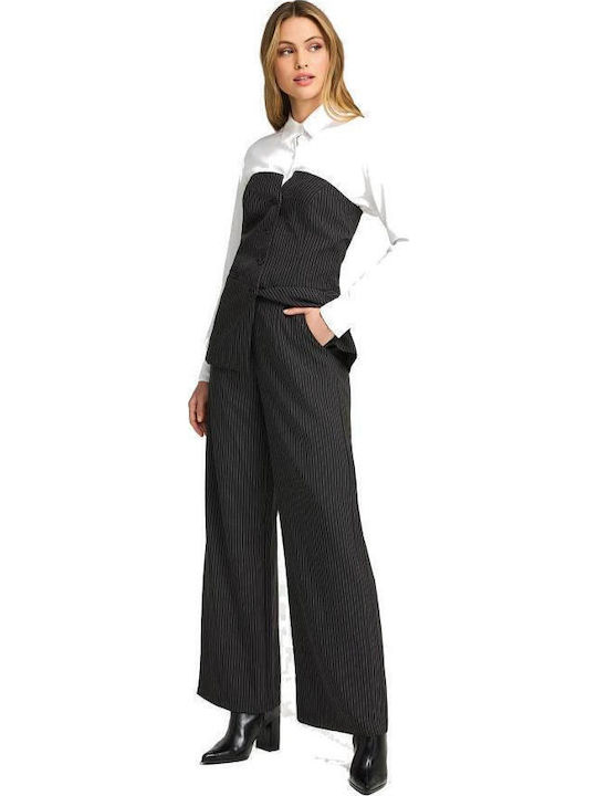 Women's Fabric Trousers Regular Fit Striped Black