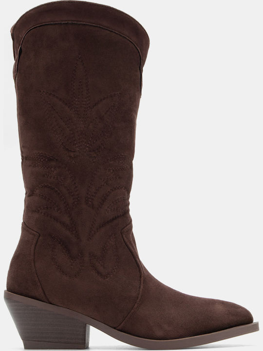 Suede Medium Heel Cowboy Boots with Zipper Brown