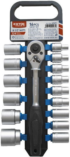 Set Chei Cu Clichet 1/2" Extol Premium Capete Tubulare 16 Bucăți