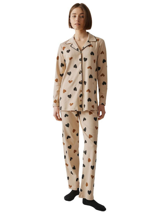 Minerva Χειμερινό Γυναικείο Σετ Πιτζάμας Beige, Black Hearts
