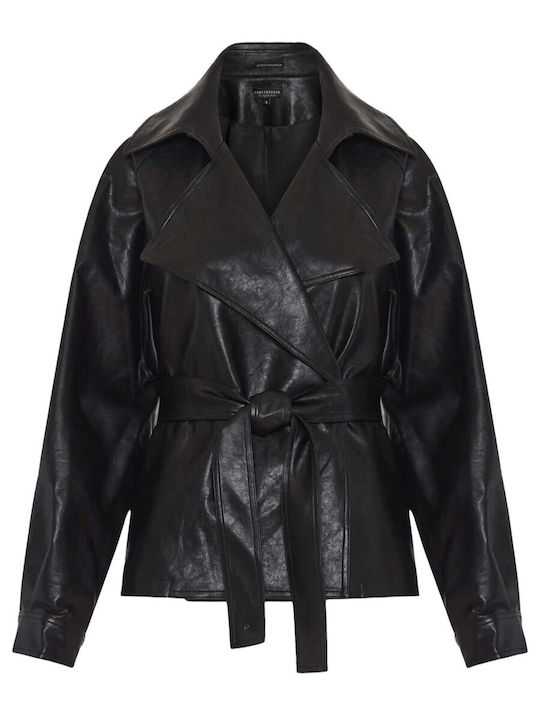 Women's Short Lifestyle Artificial Leather Jacket for Winter Black