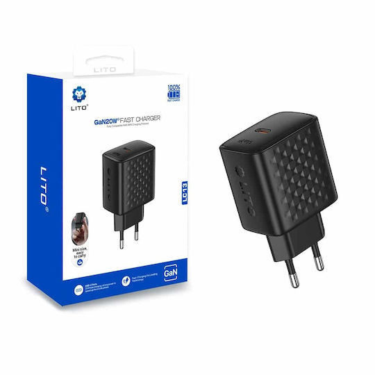 Lito Ladegerät ohne Kabel GaN mit USB-C Anschluss 20W Stromlieferung Schwarzs (LC13)