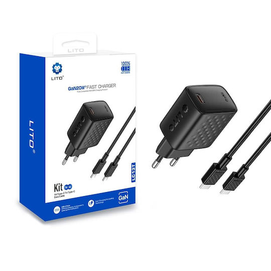 Lito Ladegerät GaN mit USB-C Anschluss und Kabel USB-C - USB-C 20W Stromlieferung Schwarzs (LC13)