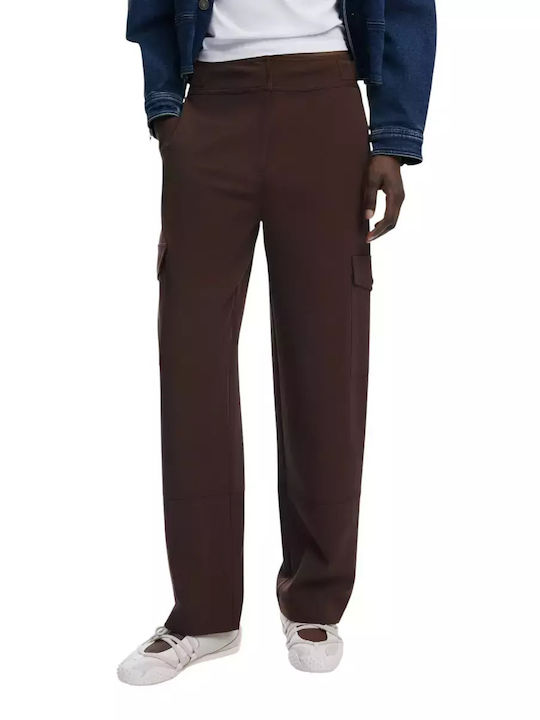 Women's High-waisted Fabric Trousers Regular Fit Brown