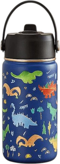 Queen Mother Kids Water Bottle Thermos Dinosaur Stainless Steel with Straw Blue 350ml