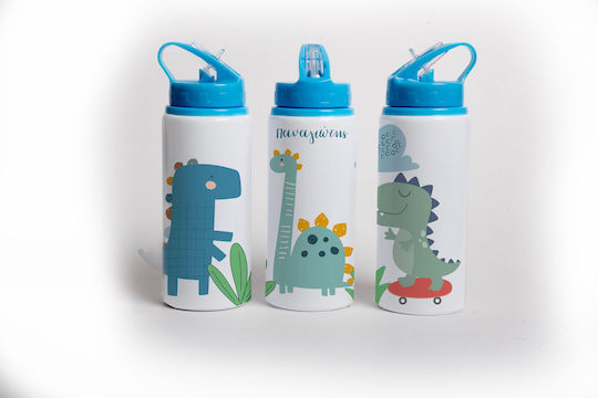 Lid Kids Water Bottle Dinosaur Stainless Steel with Straw Blue 360ml