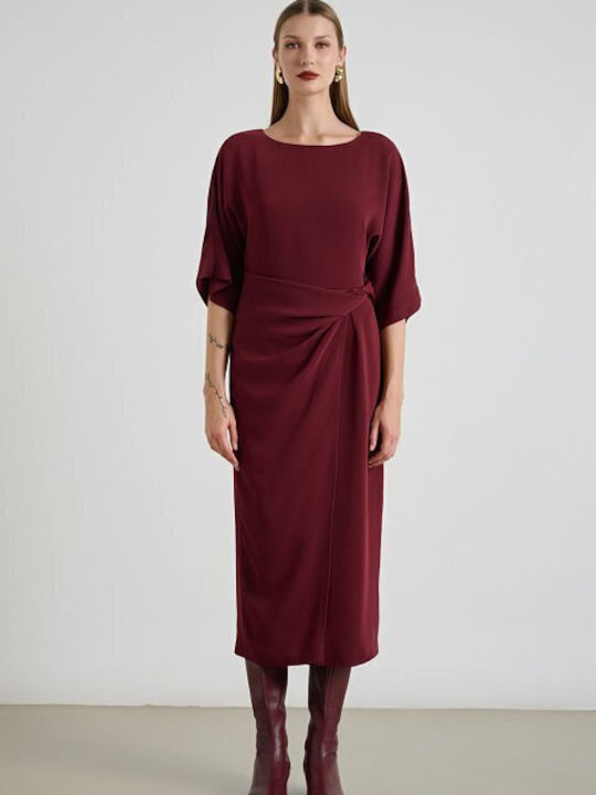 Midi Shirt Dress with 3/4 Sleeve Satin Wrap Burgundy