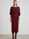 Midi Shirt Dress with 3/4 Sleeve Satin Wrap Burgundy