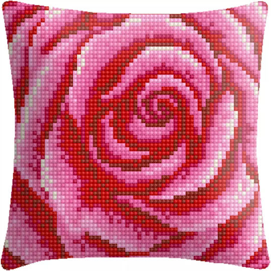 Embroidery Cushion Complete Kit Pink Rose Printed Design Canvas Smyrna 42cm X 42cm