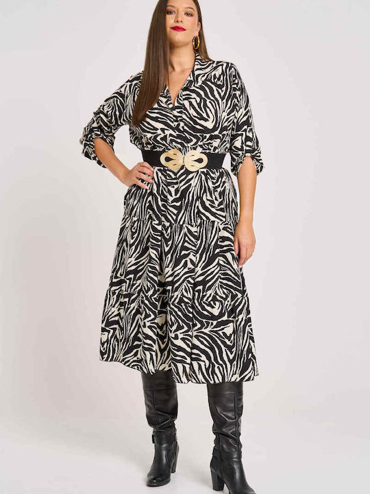 Midi Σεμιζιέ Φόρεμα με Βολάν Zebra Print