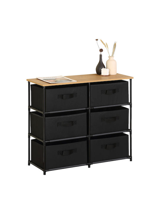Soren Wooden & Metallic Chest of Drawers with 6 Drawers Black/oak with Fabric Coating 76x30x68cm