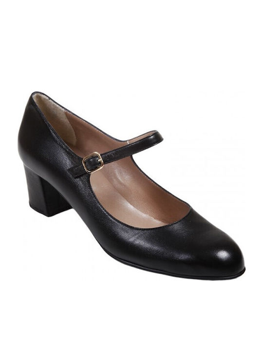 Leather Black Medium Heels with Strap