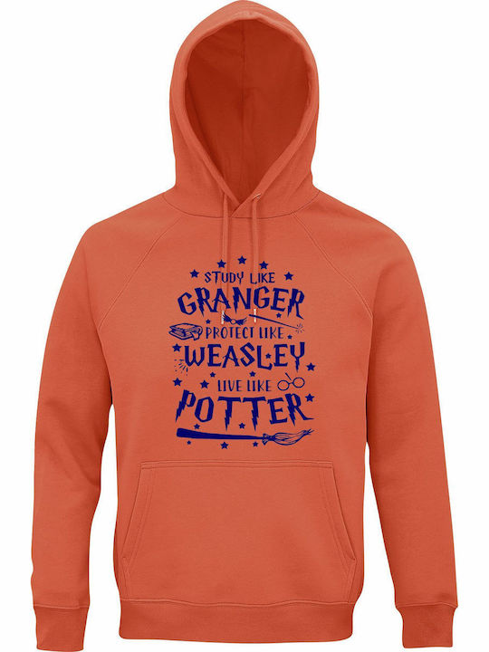 Hoodie Unisex Organic " Study Like Granger Protect Like Weasley Live Like Harry Potter " Orange