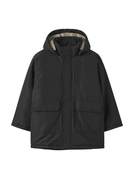 Kinder Parka Lang mit Futter & Kapuze Schwarz
