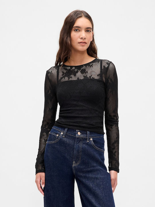 GAP Women's Crop Top with Lace & Sheerness Black